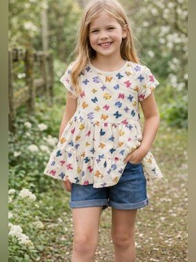 Hanna Andersson Butterfly Twirl Top Organic Cotton Ruffle Hem Whimsical Colorful